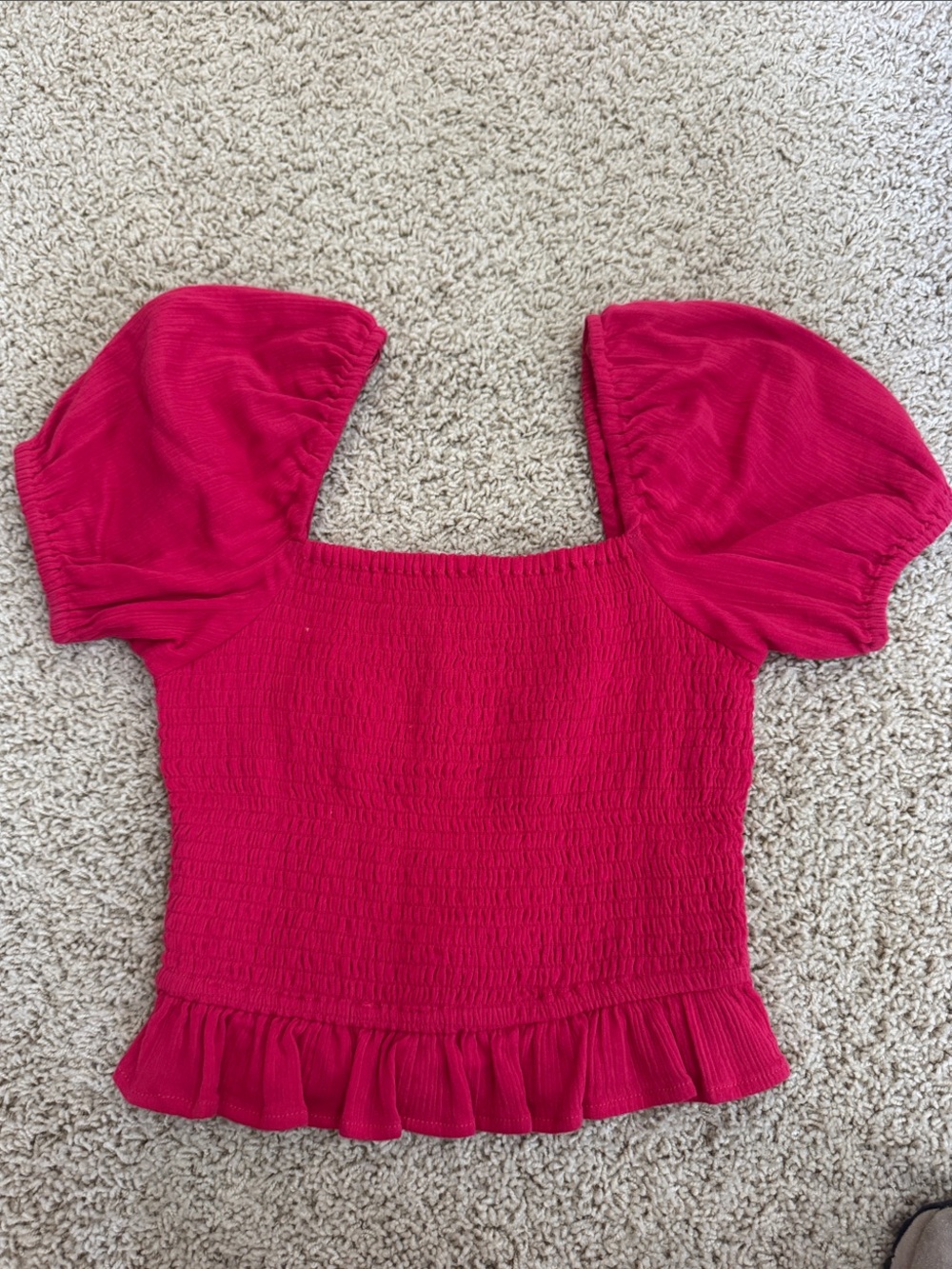Smocked Square-Neck Puff Sleeve Top in Fuchsia